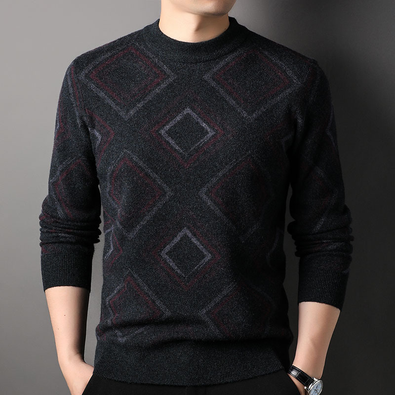 高端加厚四平针羊毛毛衣秋冬款商务条纹休闲中年男半高领羊毛衫