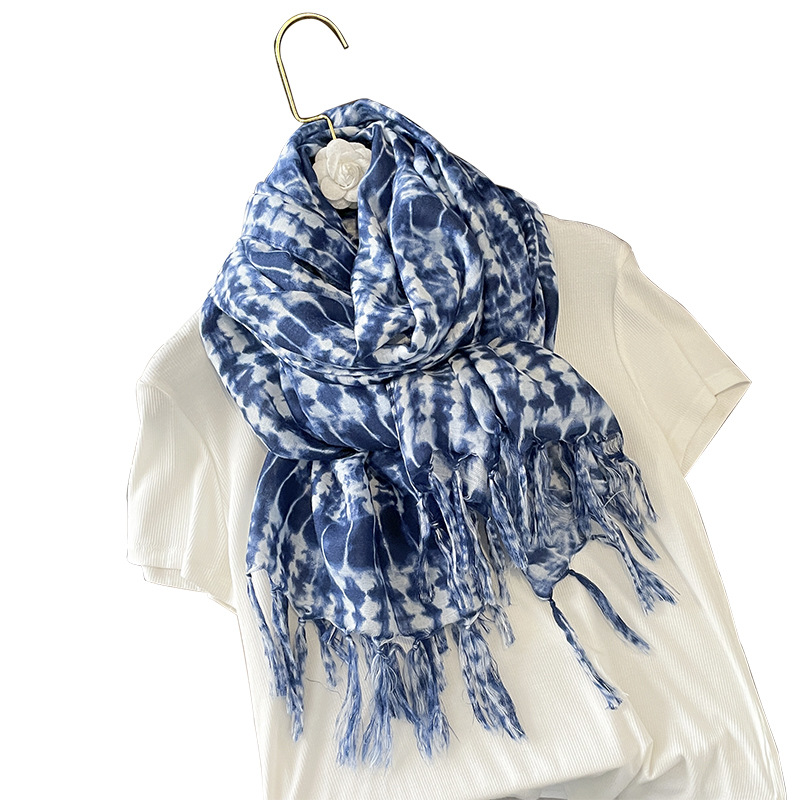 New Spring and Autumn Blue Color Scarf Women's Warm Cotton and Linen Scarf Summer Shawl Seaside Beach Versatile Sunscreen Scarf