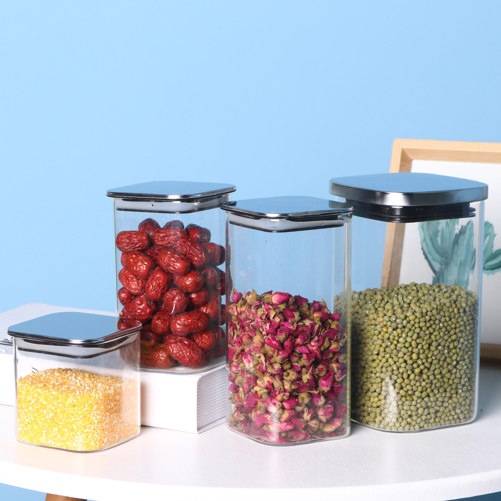 厂家批发玻璃储物罐五谷杂粮食品级高硼硅玻璃方形零食收纳密封罐