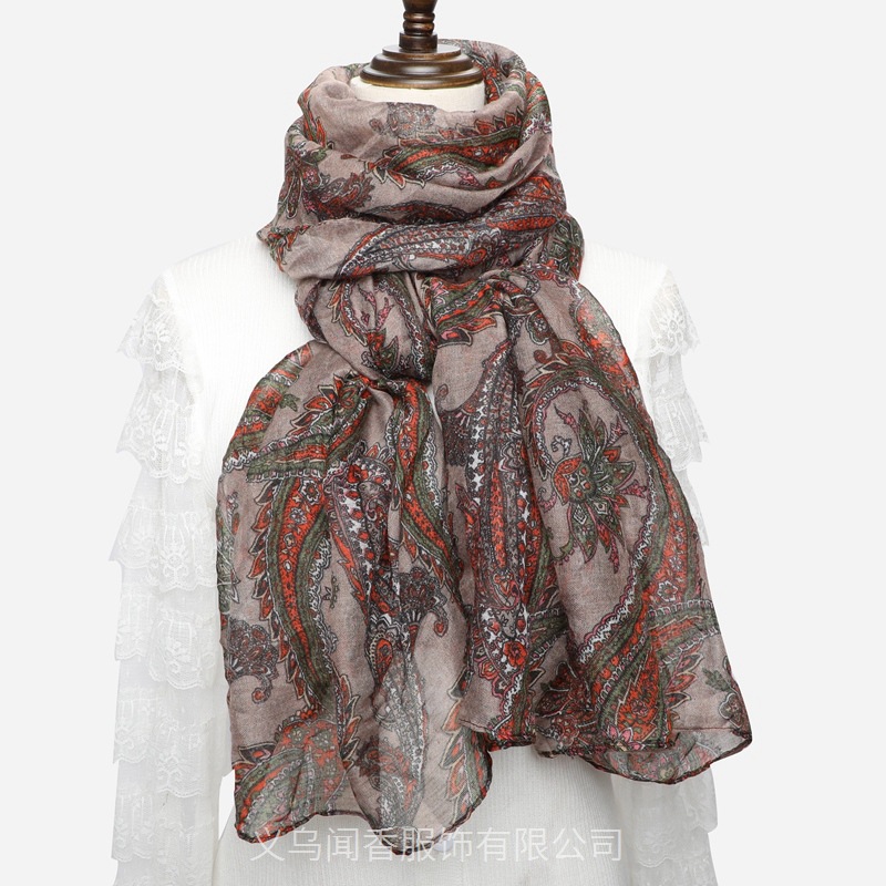 New Ethnic Style Cotton and Linen Scarf Voile Large Size Shawl Cashew Print Middle-Aged and Elderly Neck Protection Scarf Scarf