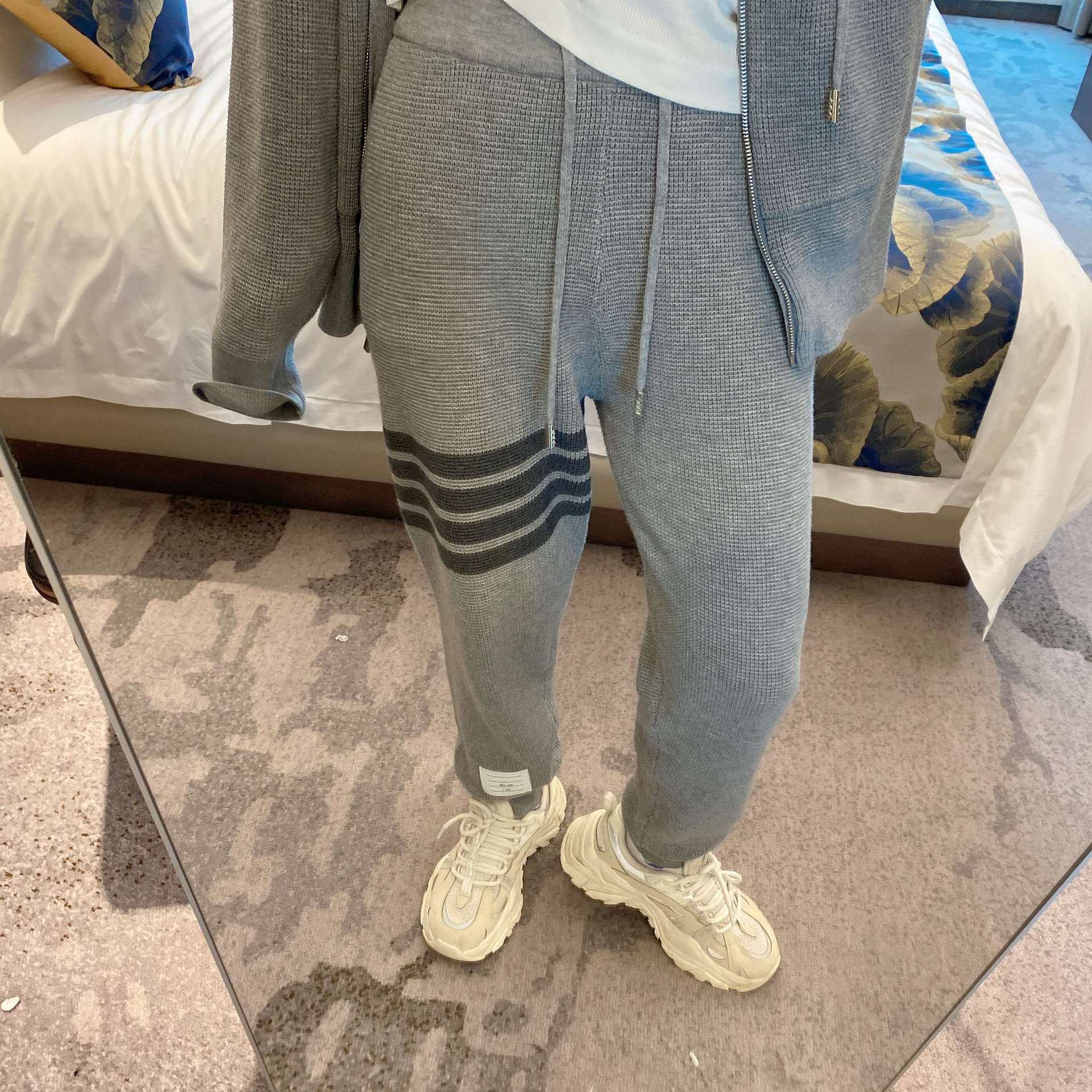 秋冬潮牌tb四道杠华夫格针织羊毛休闲运动卫裤男女情侣装束脚裤子