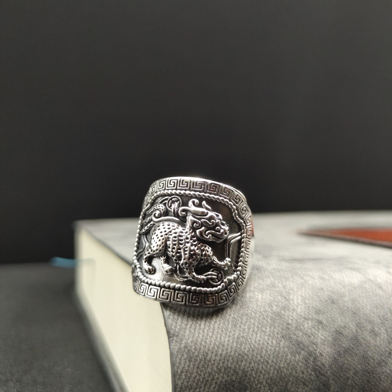 厂家批发925纯银饰品男个性瑞兽麒麟开口戒指泰银复古潮人食指环