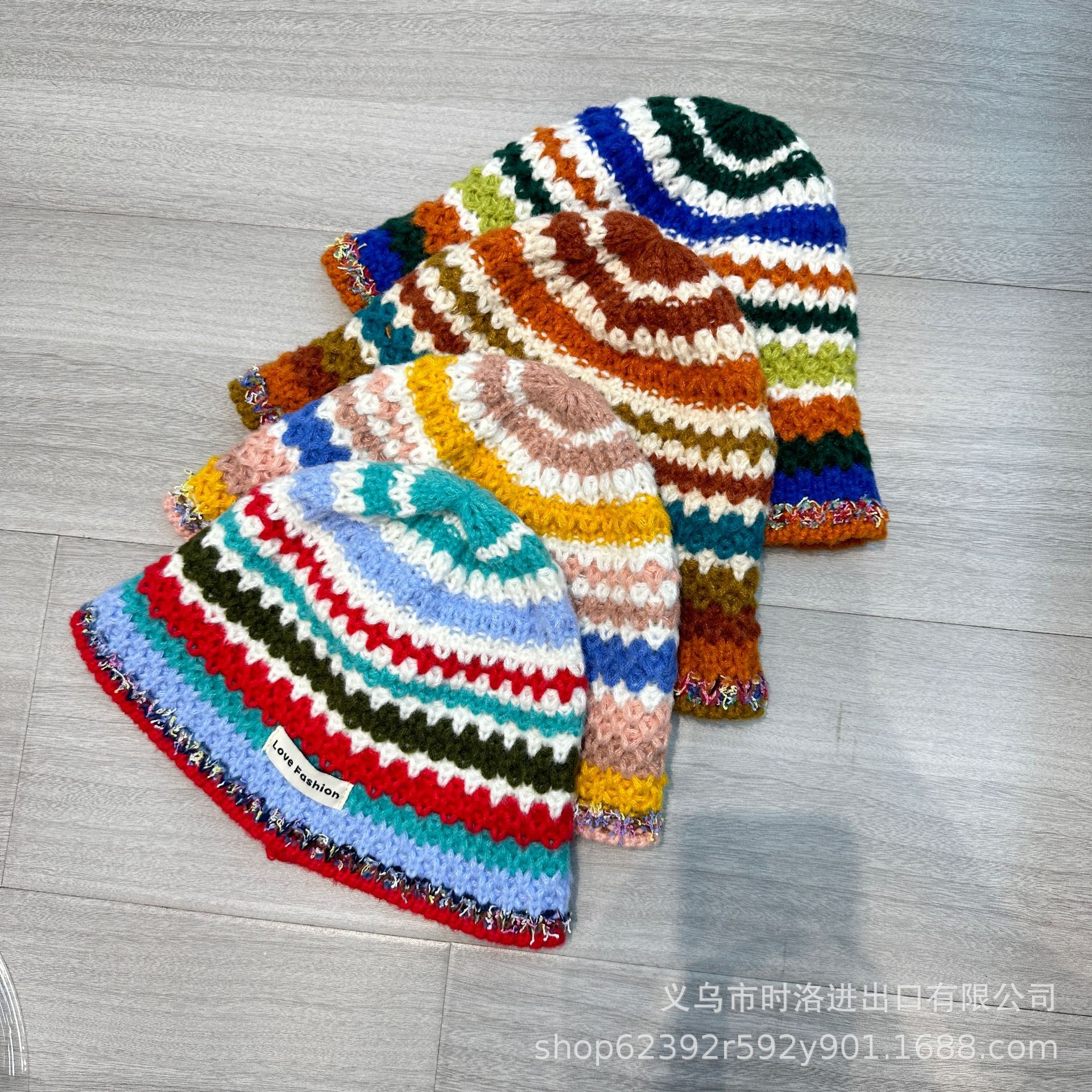 秋冬网红编织彩虹盆帽毛线帽女户外保暖防寒护耳多巴胺包头帽子潮