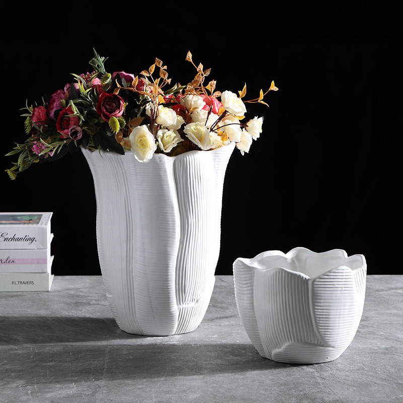 轻奢极简不规则纹路陶瓷大口花器花瓶 简约北欧软装售楼饰品摆件