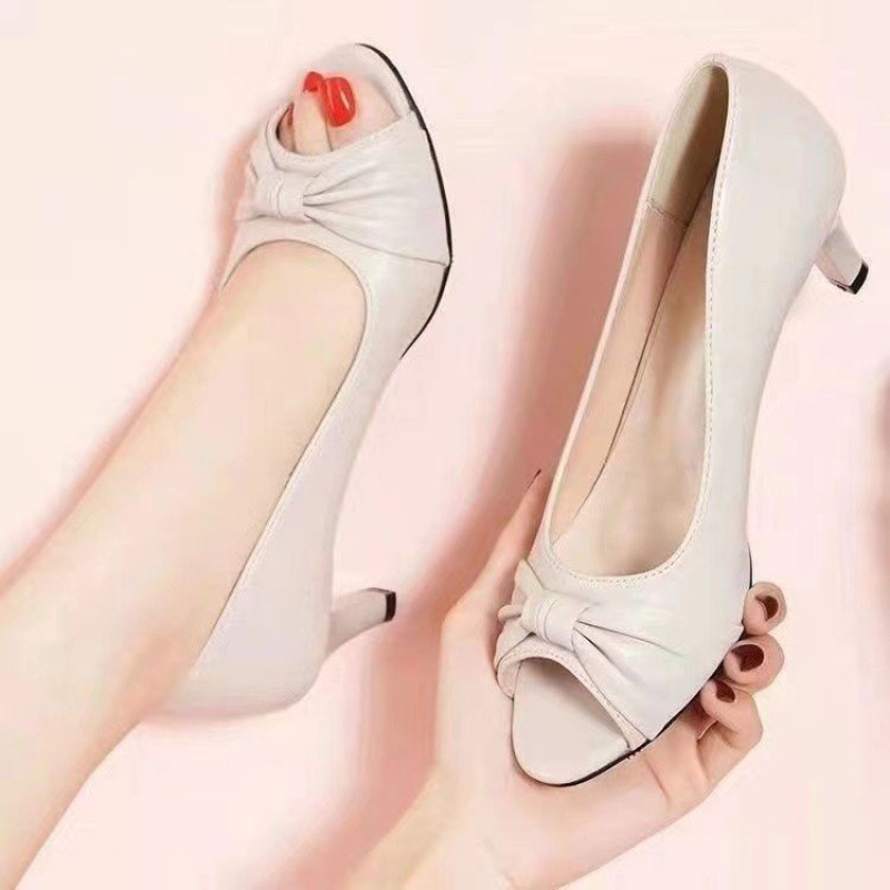 软皮高跟鞋女单鞋2023年夏季新款凉鞋女细跟中跟工作百搭鱼嘴鞋女