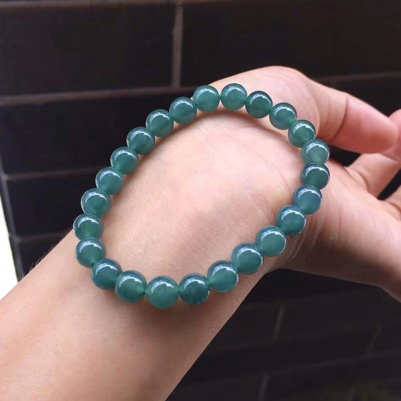 缅甸翡翠玉老料蓝水圆珠手链男女款手串冰糯种玉珠手链一件代发