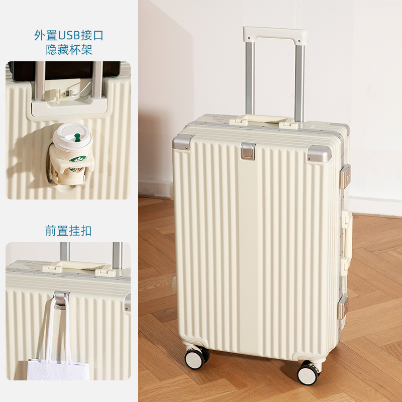 New Luggage Aluminum Frame Trolley Case USB Charging Suitcase Cup Holder Password Suitcase Multi-Functional Men and Women Same Style