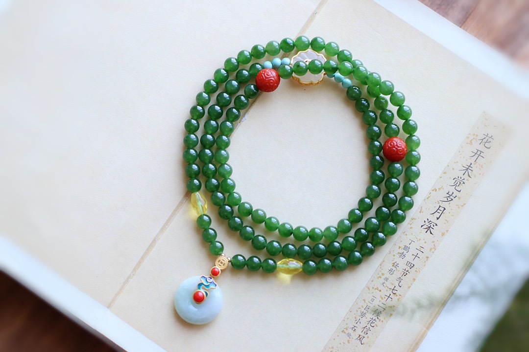 原创天然菠菜绿碧玉108颗佛珠手链6mm珠子清清爽爽的菠菜绿和田玉