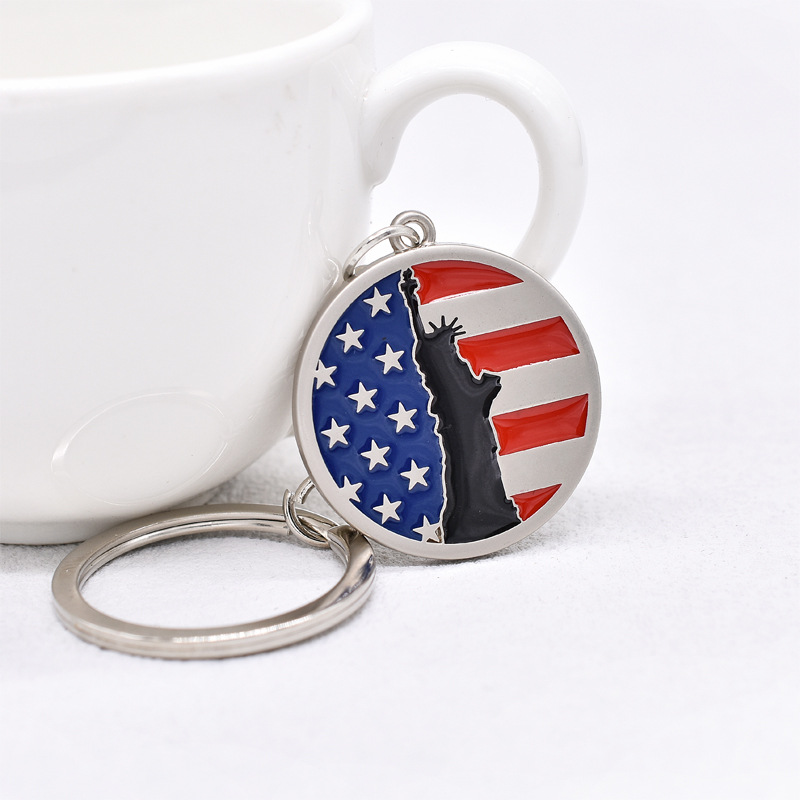 American Independence Day Flag Zinc Alloy Key Ring Statue of Liberty Five-Pointed Star Red Blue White Drop Oil Keychain Wholesale