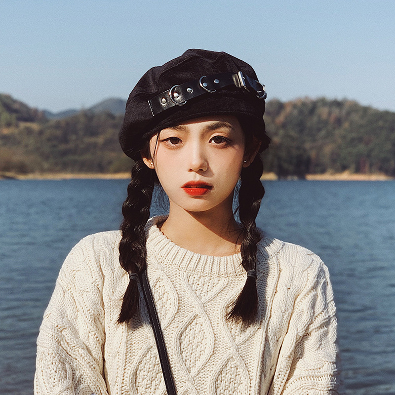黑色显脸小韩版贝雷帽女秋冬皮带扣ins网红大头围帽子潮牌-阿里巴巴