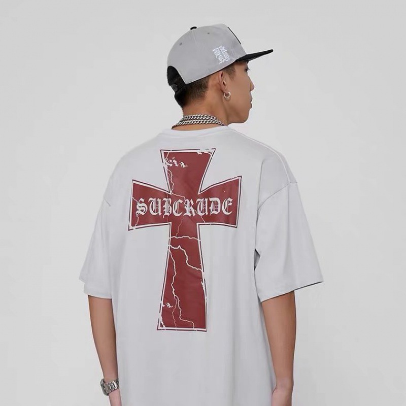 夏季潮牌复古做旧十字架印花半袖衫街头宽松情侣百搭短袖t恤男