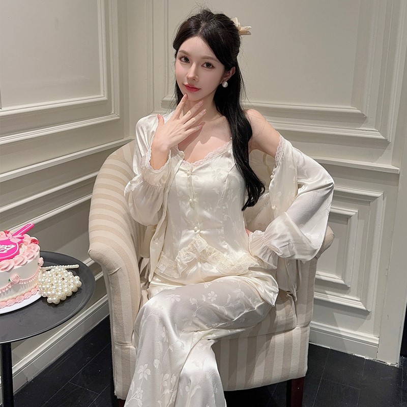 真丝睡衣女春秋款三件套吊带长袖提花国风蕾丝性感桑蚕丝家居服