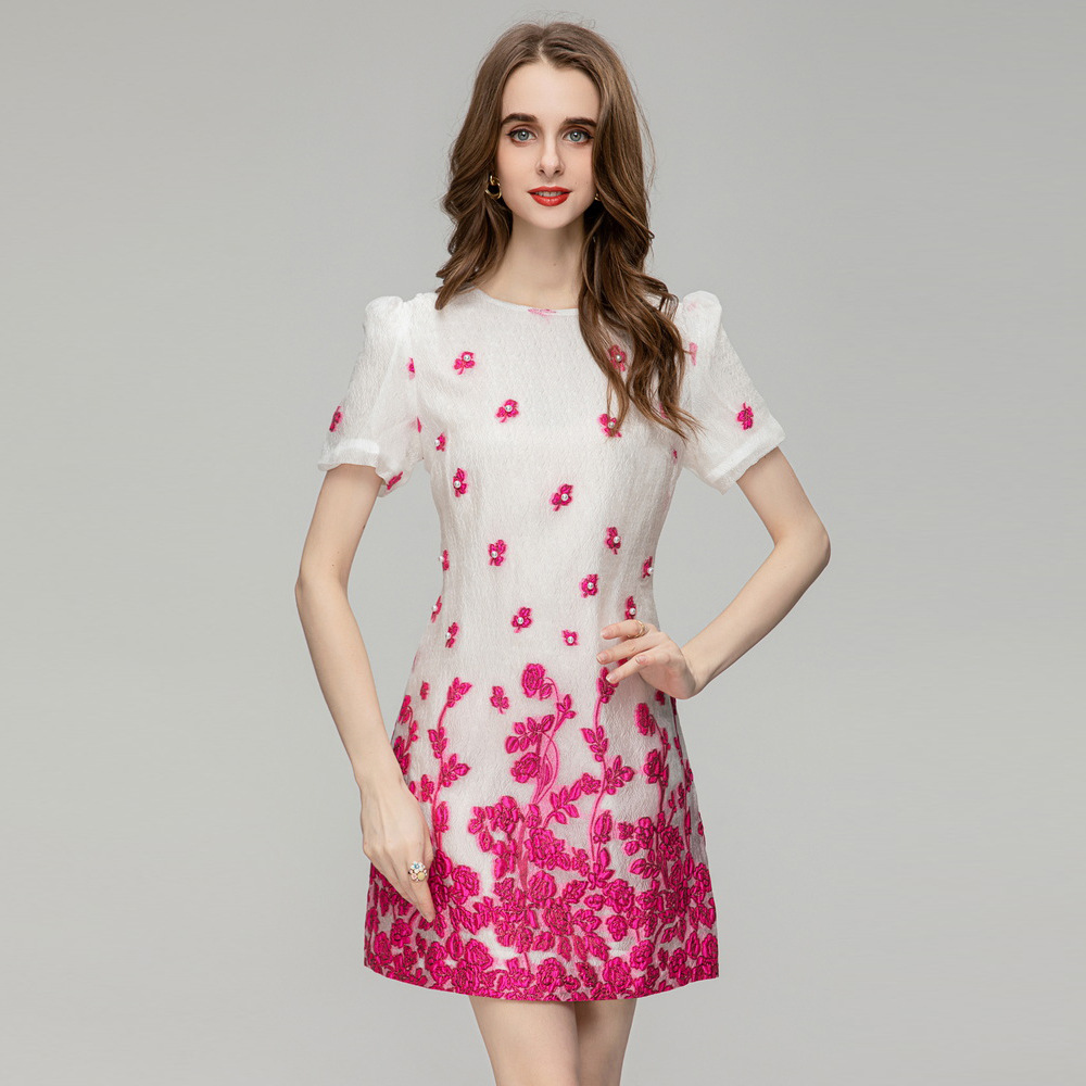 xxl dress 浮雕感小个子裙子2023夏季新款提花订珍珠短袖连衣裙女-阿