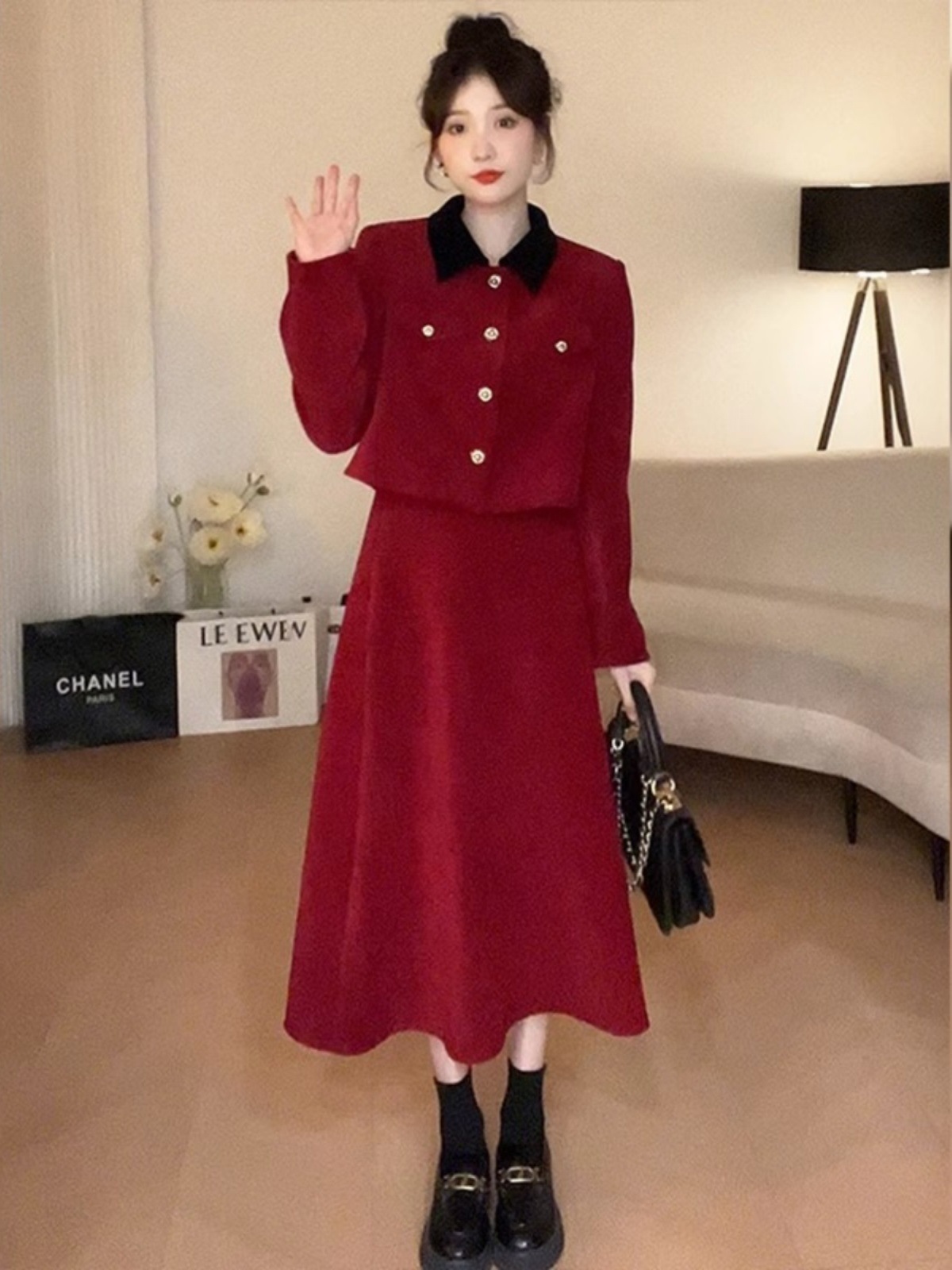 高级感法式小香风连衣裙两件套装2023秋冬季新款大码胖mm红色裙子