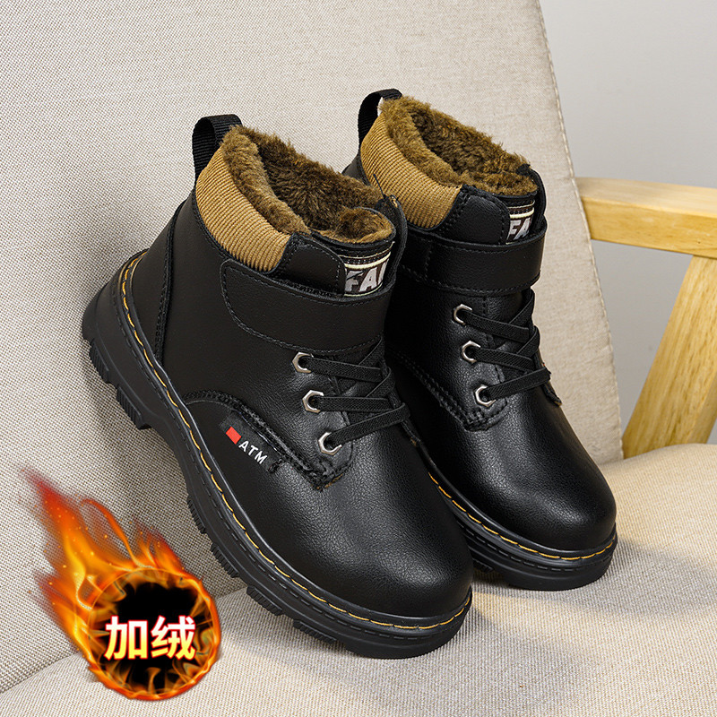 儿童马丁靴男童冬季小学生中帮加绒加厚靴子女孩保暖中大童棉鞋