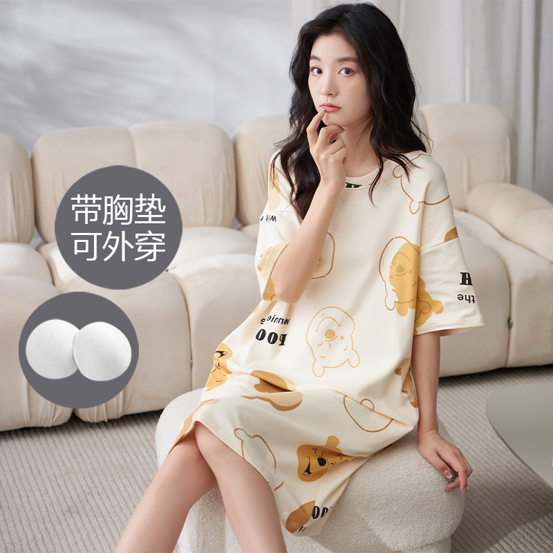 23 Summer Pure Cotton Women's Nightdress Cotton Outer Wear Student's Dress Thin Simple round Neck plus-Sized Version Loose Women's Nightdress