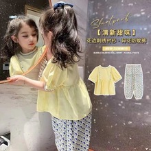 韩范网红炸街女童套装夏2024新款衬衫儿童时髦洋气防蚊裤子两件套