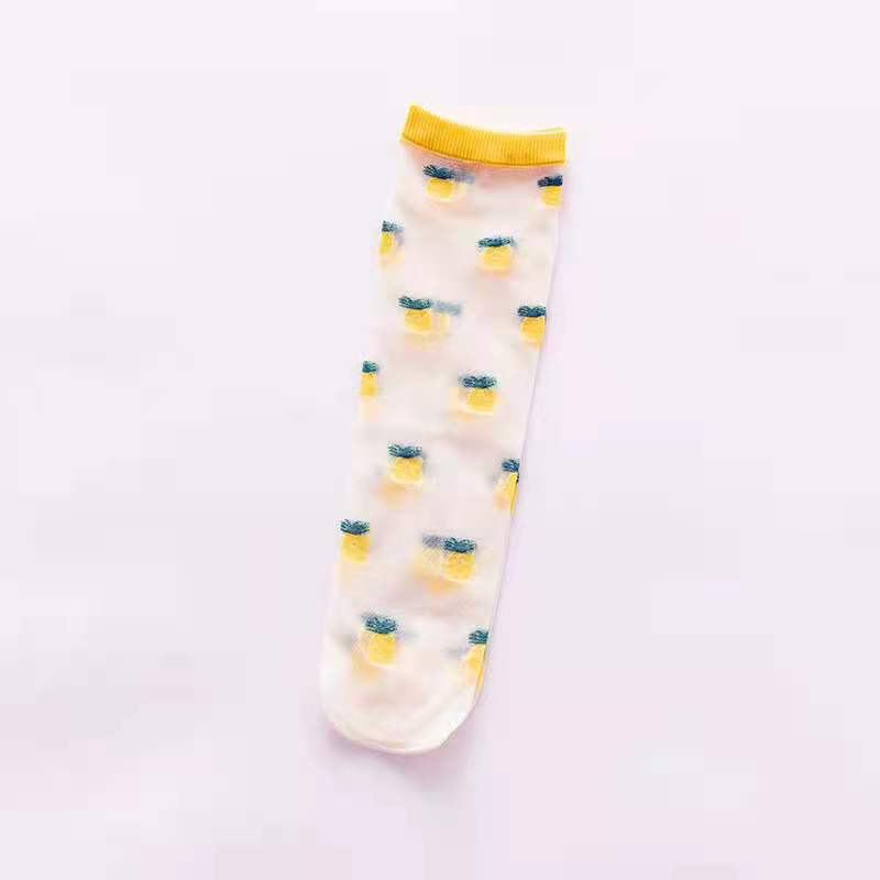 Women's Thin Mid-Calf Length Crystal Glass Stockings Summer Cute Sweet Fruit Blossom Transparent Ice Socks