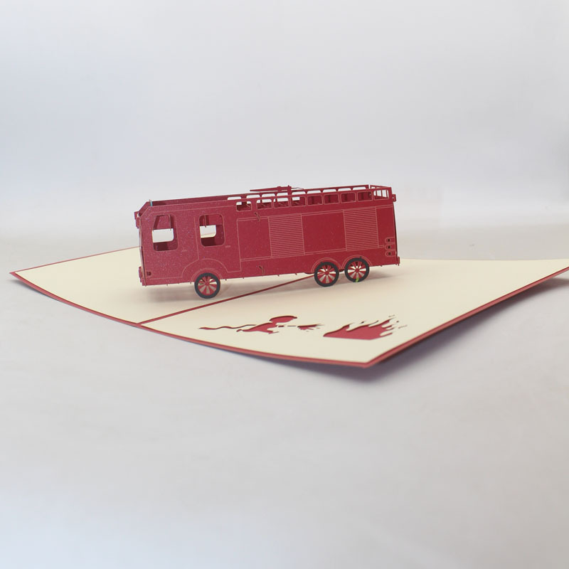 消防车3d立体贺卡剪纸雕刻纸质工艺品镂空生日礼物摆件祝福印刷