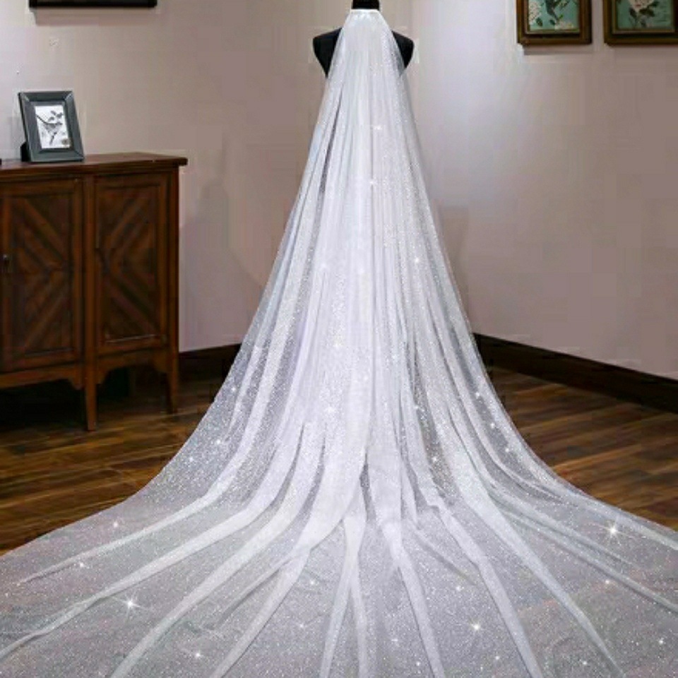 拖地头纱新款亮闪长大尾婚礼服新娘结婚婚纱头纱一件代发批发