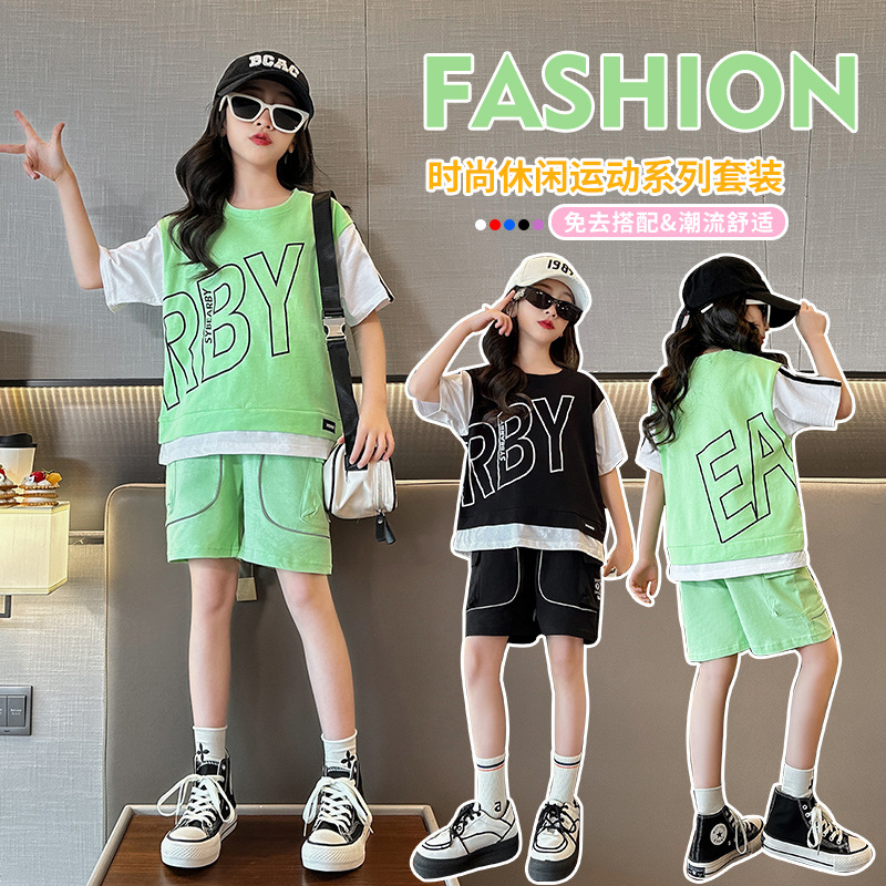 children‘s clothing summer suit pure cotton 2024 summer new medium and big children girl short sleeve shorts suit color matching fashion