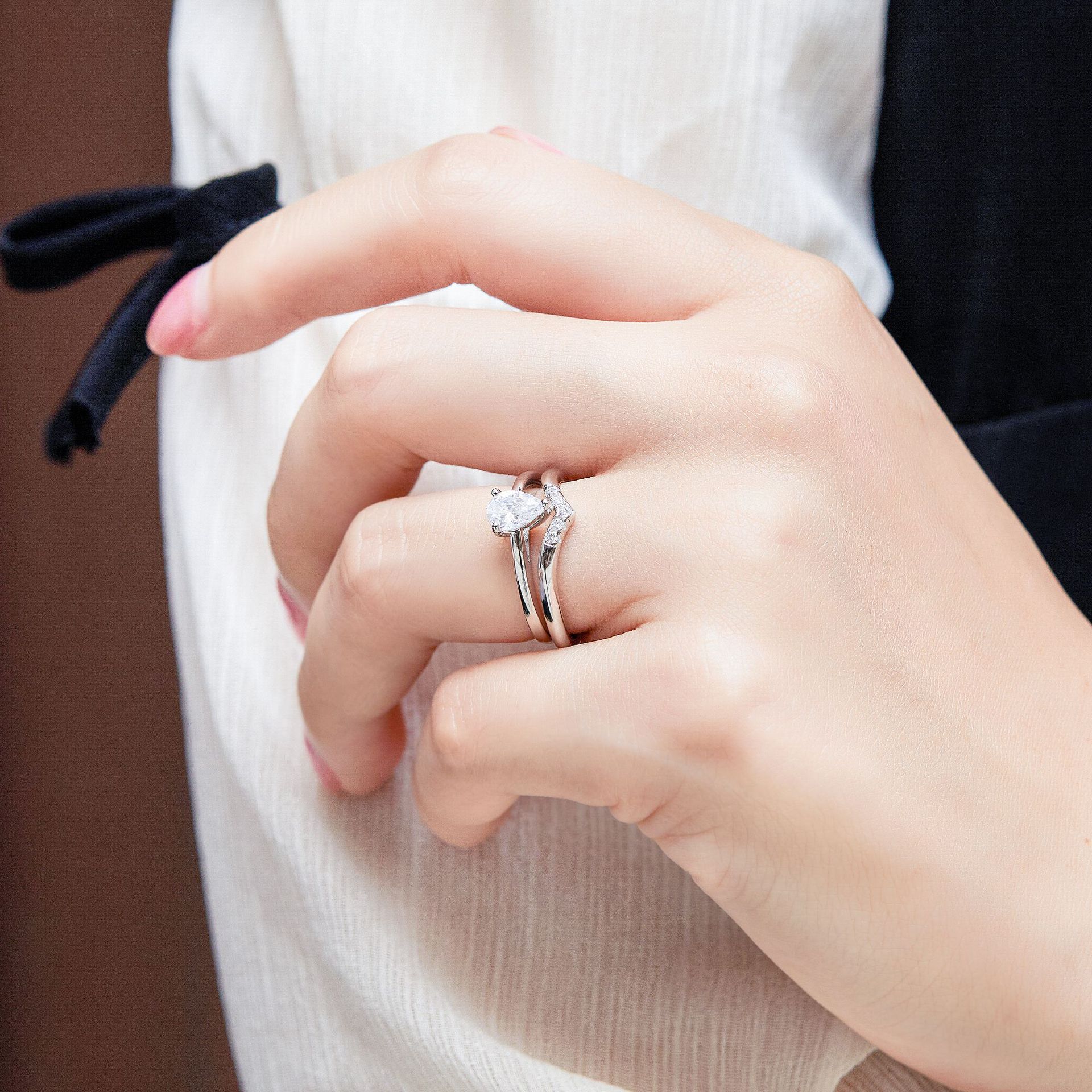 通琳 跨境热销ring 925纯银戒指女款套戒水滴形仿真钻锆石v字戒子