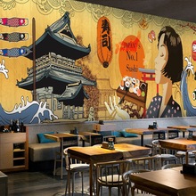 日本相扑仕女壁纸 海浪和风装饰壁画 日式餐厅料理寿司店背景墙纸