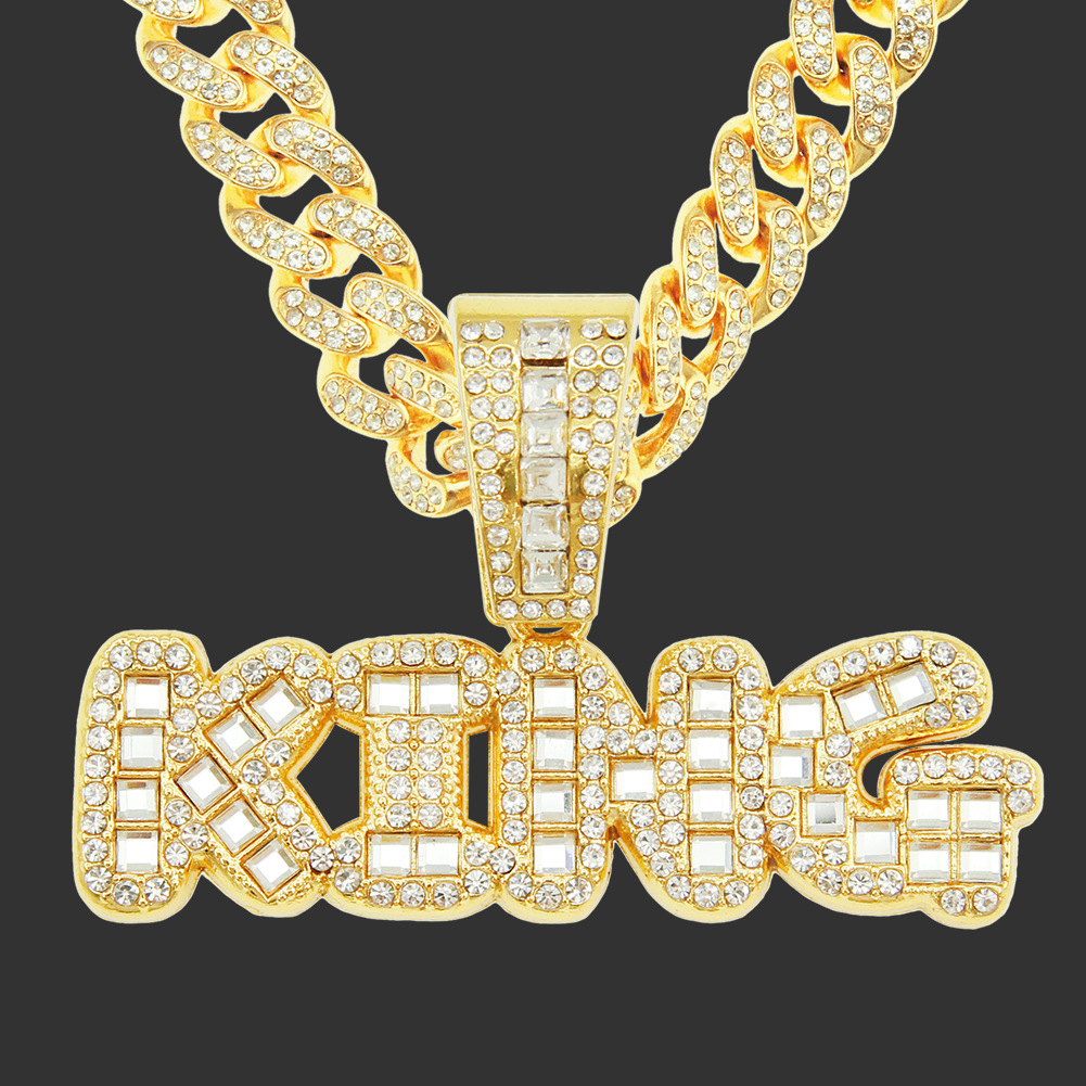 霸气欧美跨境爆款方钻king字母吊坠项链男士个性夜店古巴大金链子