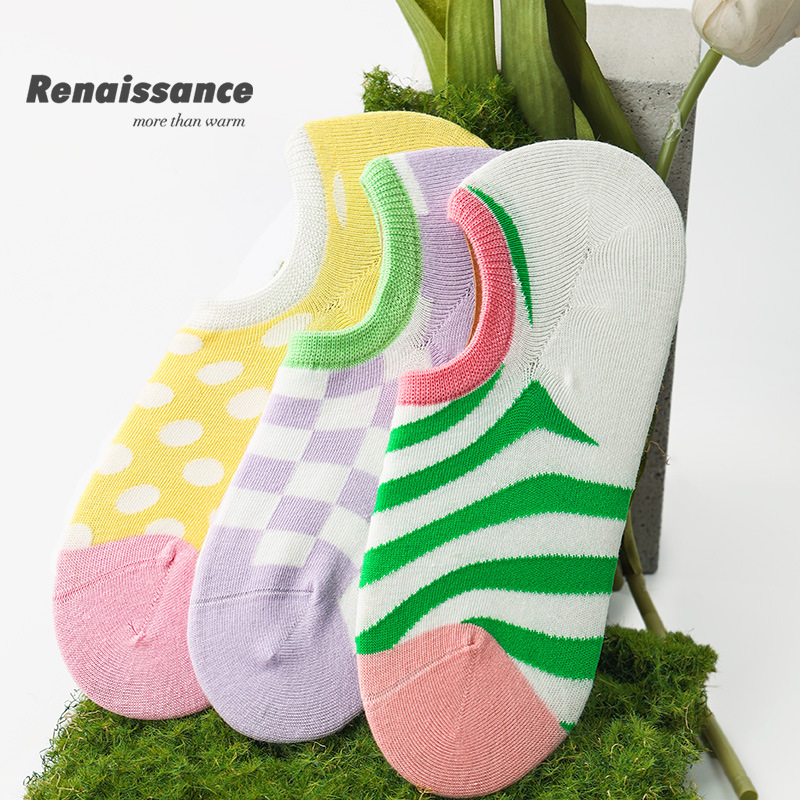 Renaissance Women's Socks Summer Thin Absorb Sweat Color Matching Invisible Socks Combed Cotton Boneless Boat Socks Gift Box Socks for Women