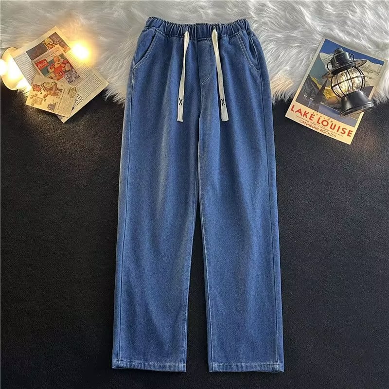 Elastic Waist Denim Trousers Men's Spring and Autumn Wide Leg Mop Pants Autumn and Winter Fashion Brand Loose Straight Dark Blue Long Pants