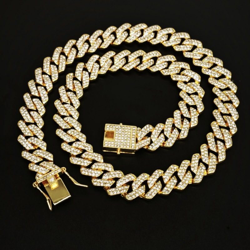 Hot Sale Zinc Alloy Material 14mm Thick Encryption Full Diamond Diamond Cuban Link Chain Necklace Rap Hip Hop Ear Accessories