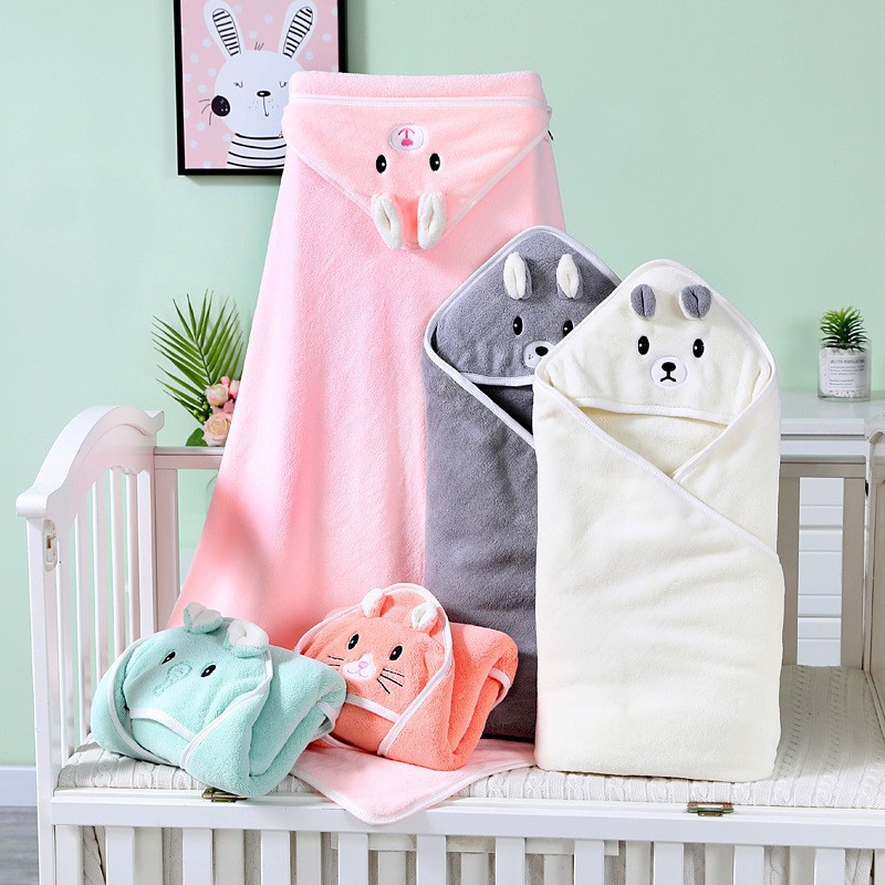 Newborn Baby Swaddling Quilt Coral Fleece Wrapping Towel Bath Towel for Children Embroidery Hug Blanket Hoodie Cloak Hooded Gro-Bag Baby Cape