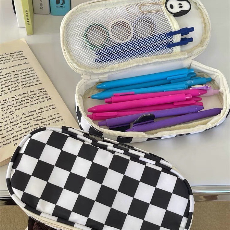 INS Style Simple Black and White Plaid Pencil Case Large Capacity Student Niche Couple Buggy Bag Stationery Box Pencil Box