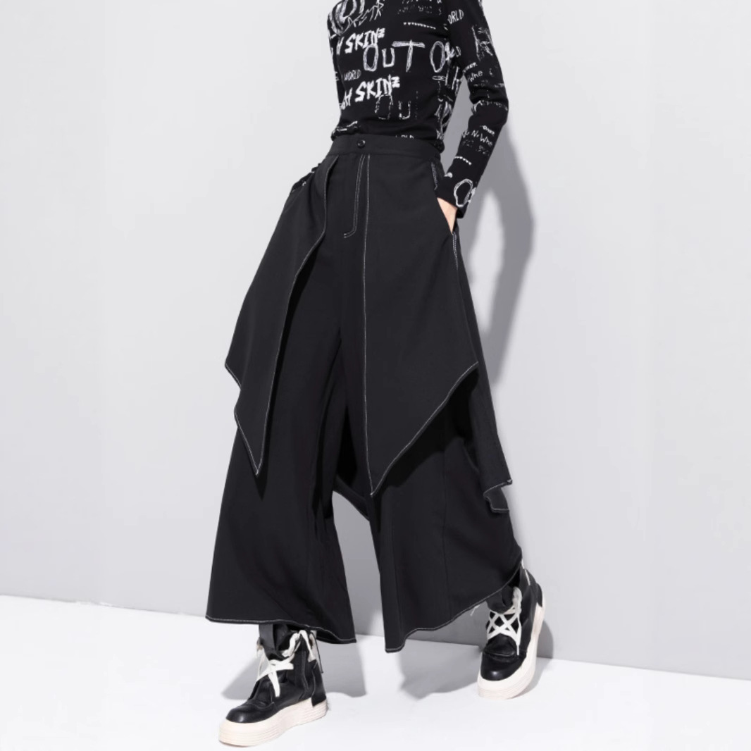 2025春夏装新品阔腿裤女原创设计感高腰宽松休闲假俩件黑色裙裤男