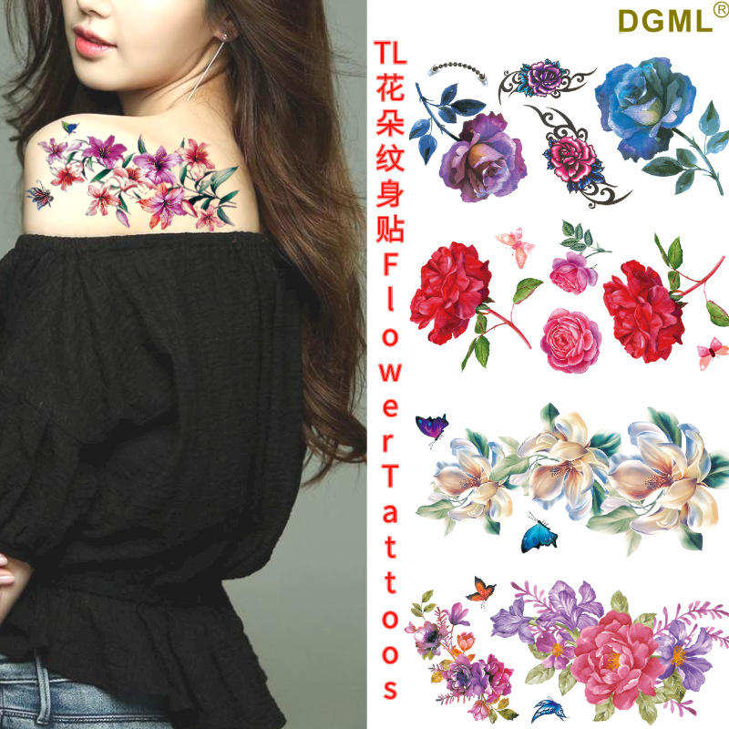 定制纹身贴英文星星跨境ins玫瑰贴纸3d卡通遮疤水转印可爱 纹身贴