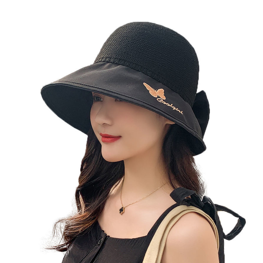 Spring and Summer Beach Sun Protection Fisherman Hat Summer Sun Protection Female Sun Hat Bow Seaside Holiday Hollow-out Straw Hat