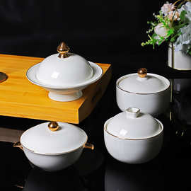 轻奢金边汤盅骨瓷有耳带盖炖品小炖盅燕窝银耳碗位上鱼翅盅酒店用