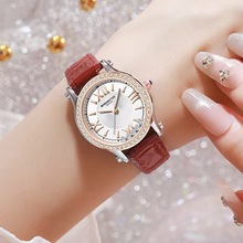 MOBANGTUO新款时尚快乐钻5钻红色皮带手表精致镶钻女表轻奢小众