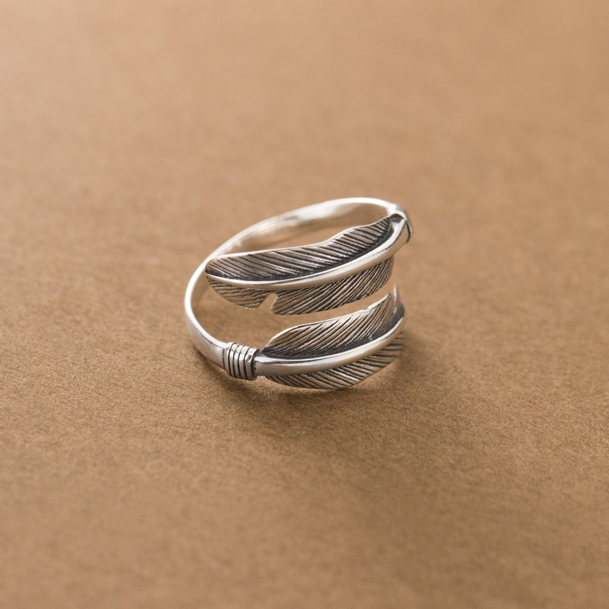 爱洛奇 s925银做旧泰银羽毛戒指气质复古风开口男女士食指戒j9944