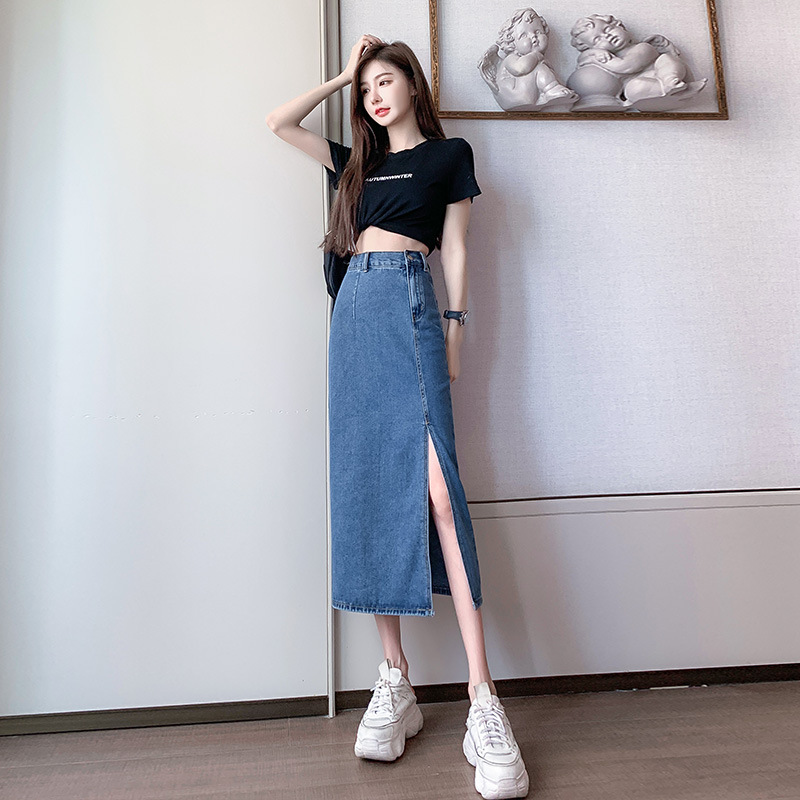 Real Shot Mid-Length One Step Sheath Long Skirt Spring and Summer Refreshing Comfortable High Waist Side Zipper Split Irregular Skirt