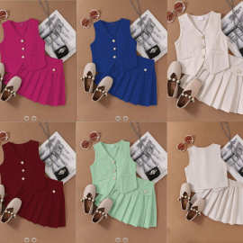 百褶裙两件套热销上衣外贸欧美童马甲2025中小跨境夏季搭女童套装