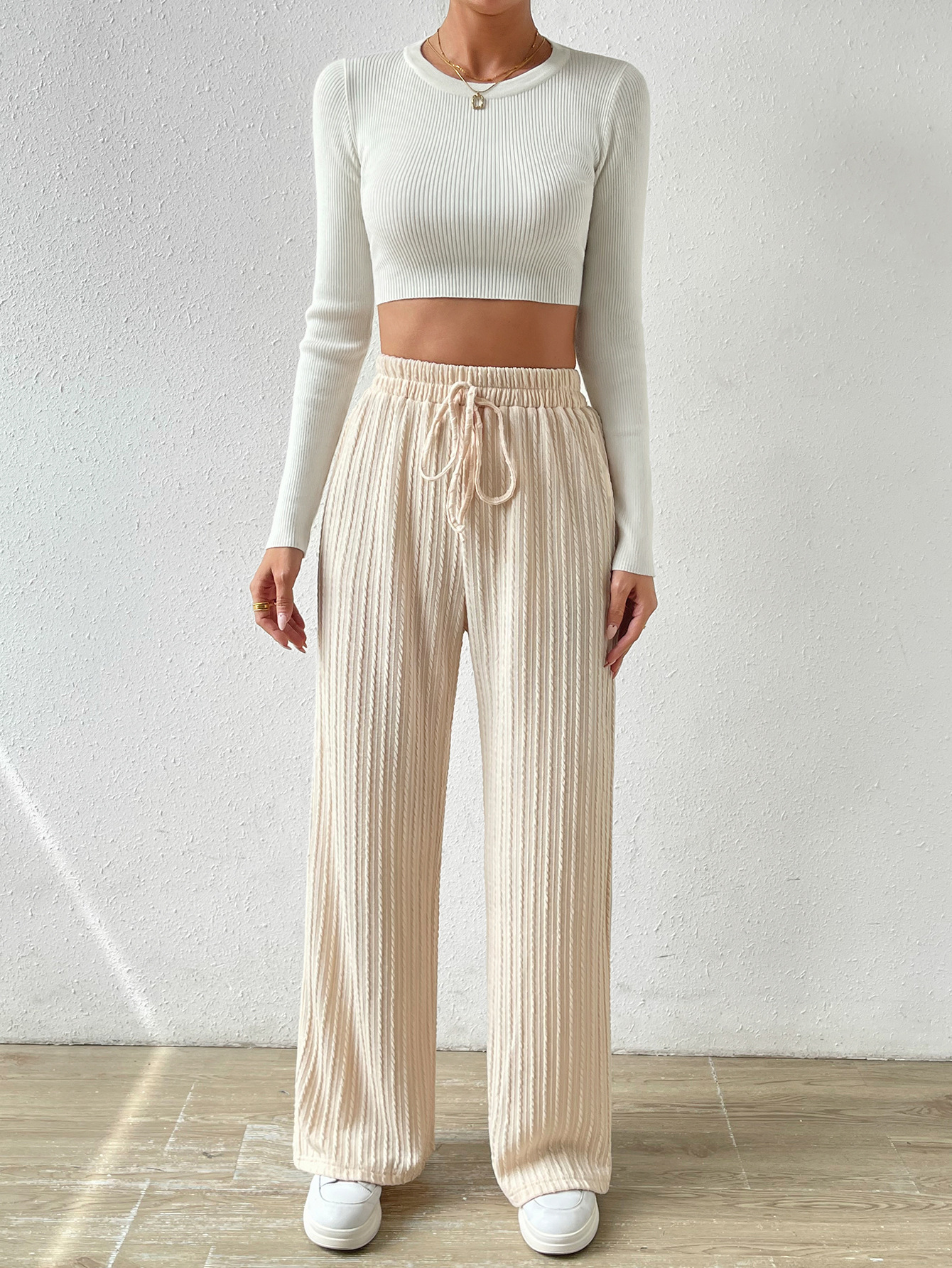 european and american 2024 new knot waist texture knitted wide leg trousers elastic high waist pure color casual loose straight women‘s clothing