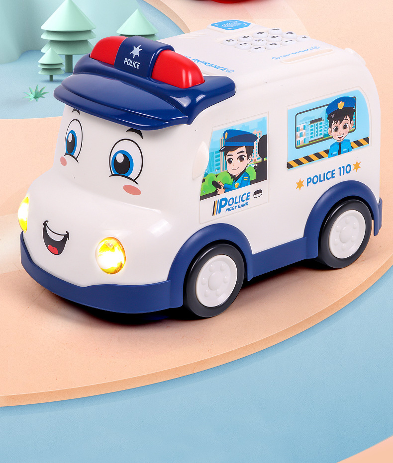 卡通警车存钱罐儿童密码电动存钱罐模拟夜灯光音乐大号储蓄罐礼物
