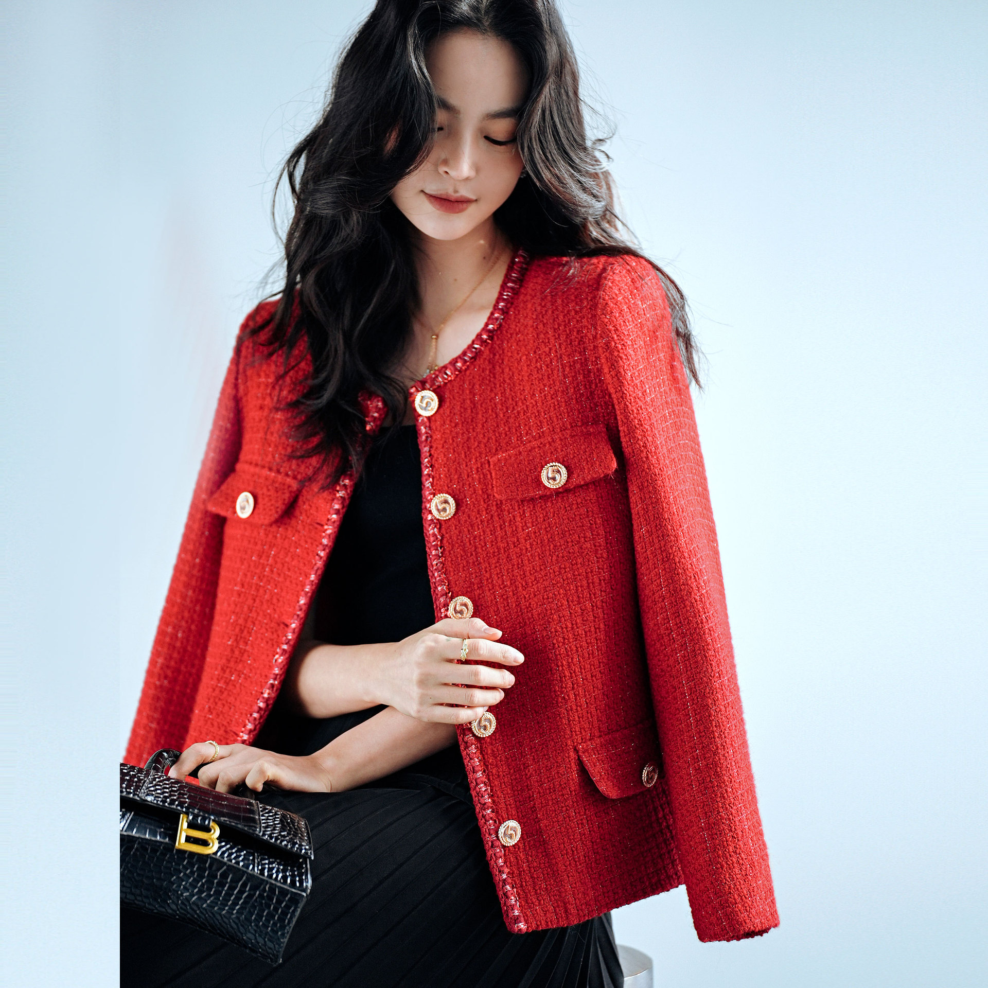 24春新法式复古红色羊毛粗花呢小*香风外套女短款名媛风15251