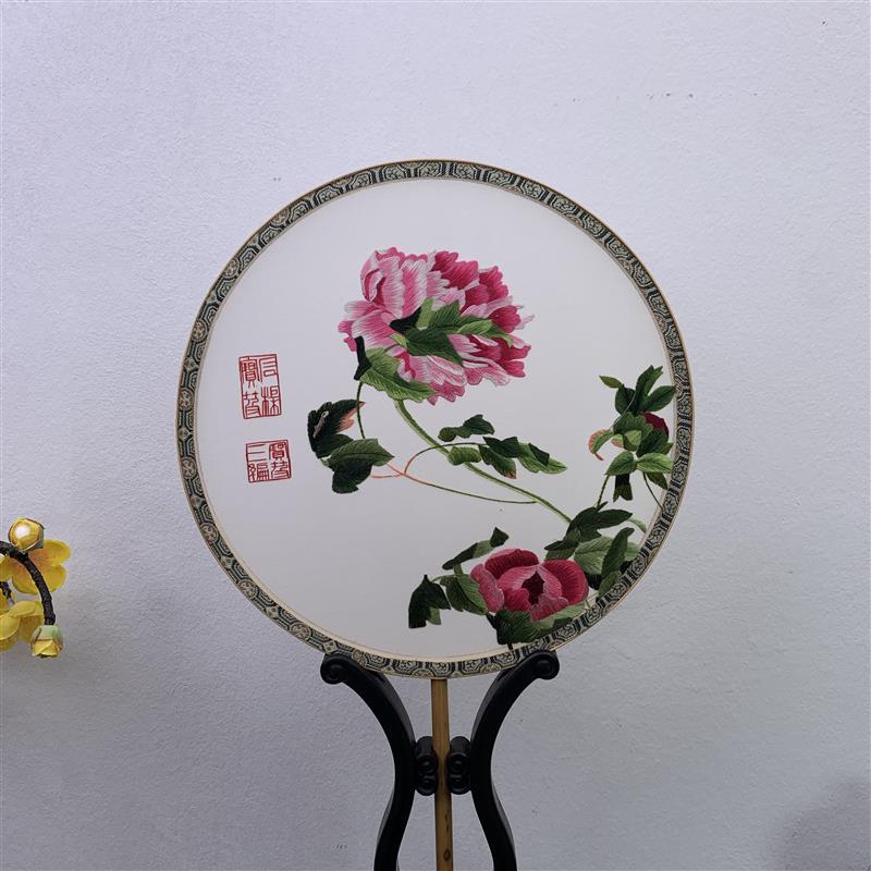 苏绣手工湘妃竹圆郎世宁团扇刺绣双面绣工艺扇舞蹈扇古装团扇