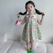 韩版童装2023夏季新款儿童草莓娃娃领连衣裙女童无袖洋气公主裙潮