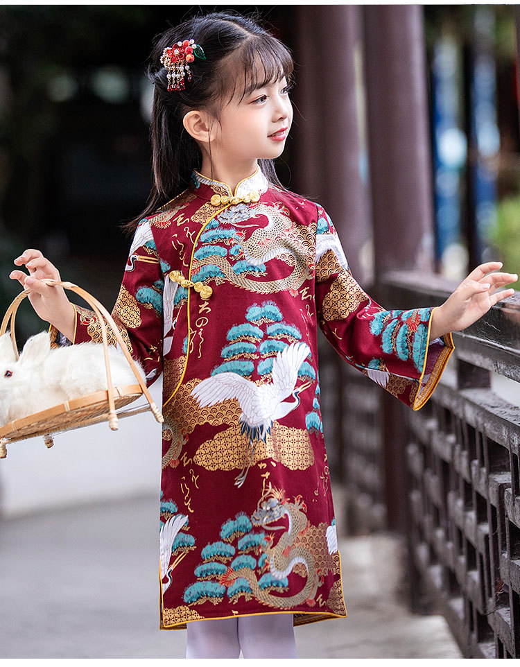 女童旗袍秋季新品儿童中国风烫金盘扣复古汉服连衣裙宝宝周岁礼服