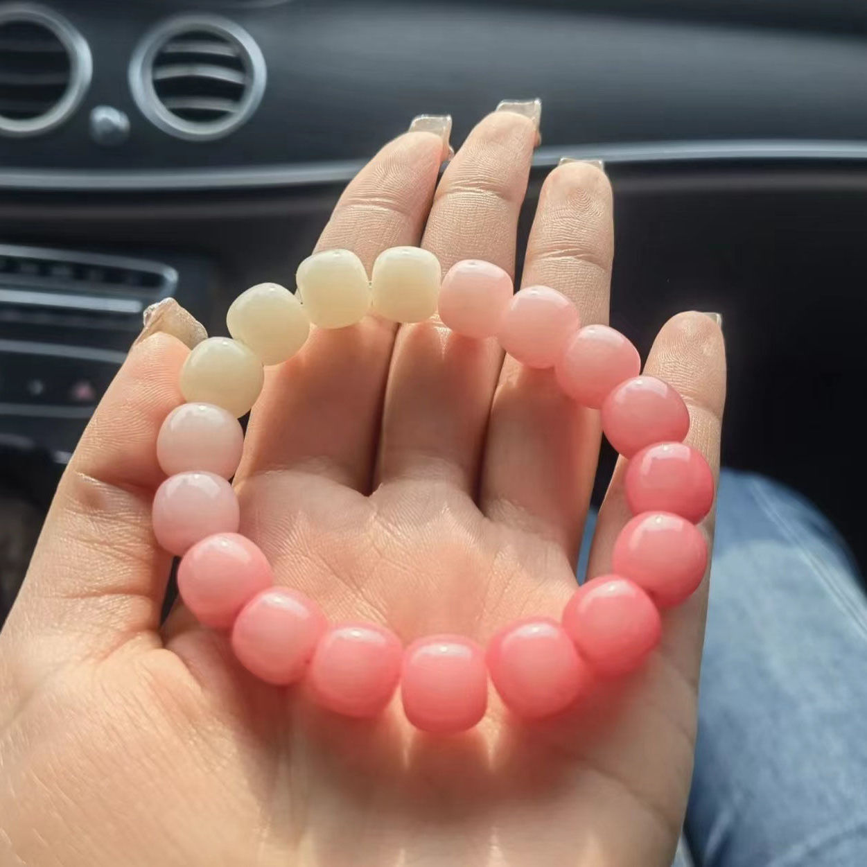 天然菩提手串绕指柔女粉色飘花渐变冰透菩提子学生盘玩白玉菩提根