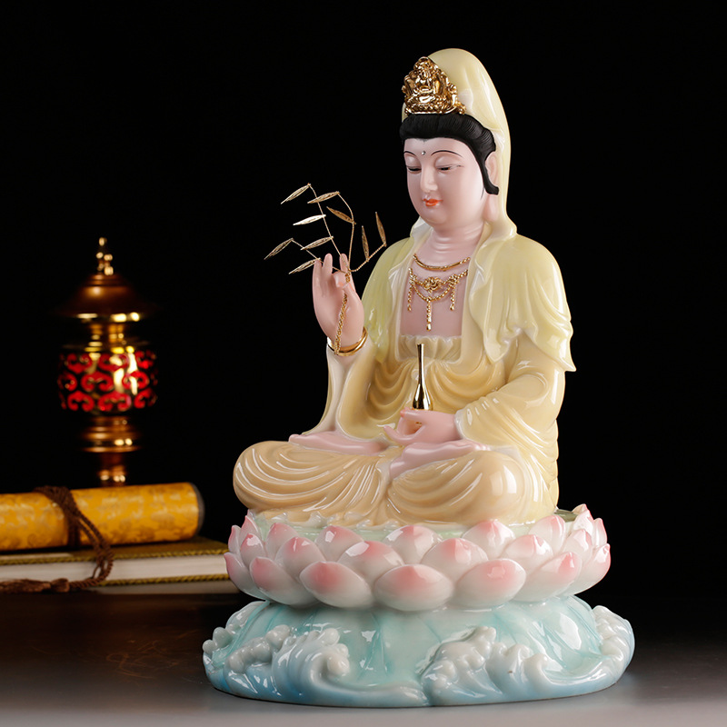 批发汉白玉南海观世音菩萨家用坐莲观音佛像供佛送子观音像摆件