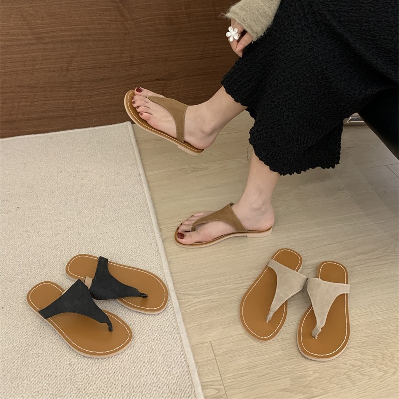 2024夏季新款时尚百搭沙滩海边韩系平底人字拖女真皮凉拖鞋外穿
